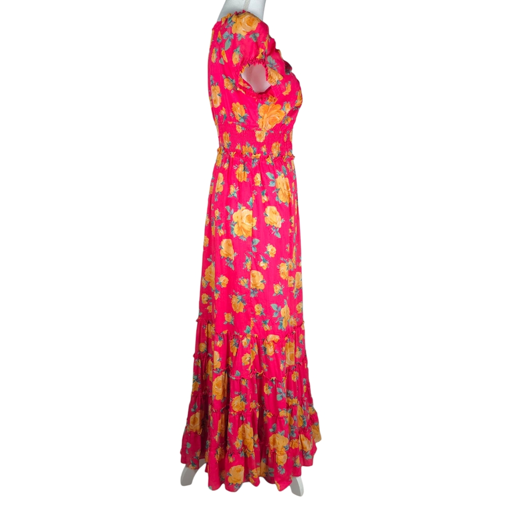 NEW Betsey Johnson Reddish Pink Color with Yellow Rose Print Maxi Dress size L - Picture 5 of 14